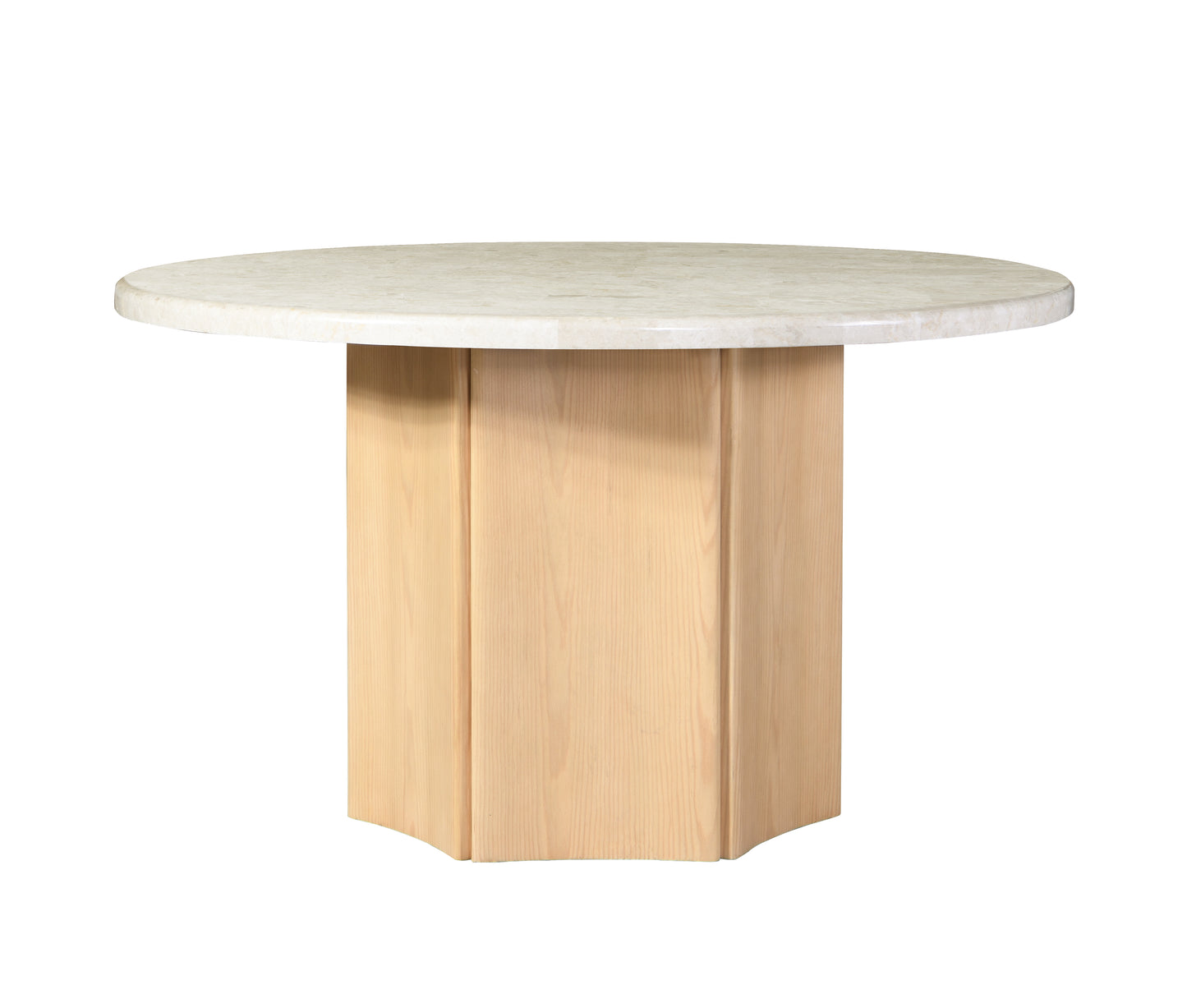 Round marble top dining table with a light wood pedestal base