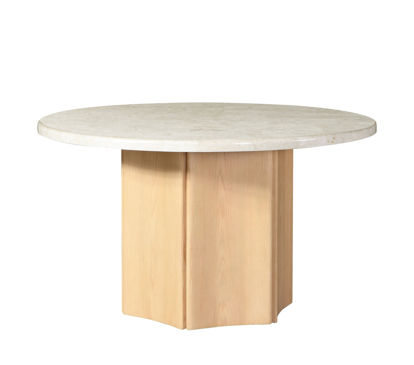 Round marble top dining table with a light wood pedestal base