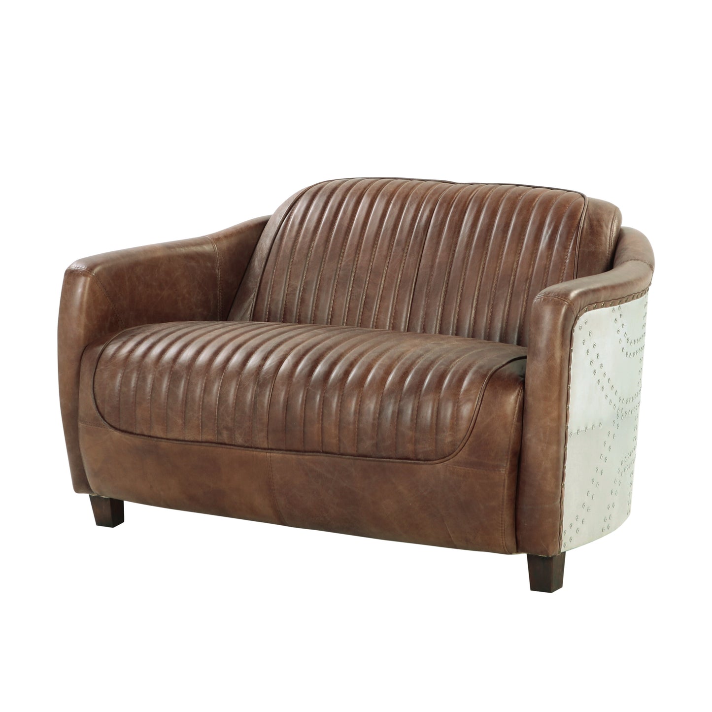 Brown leather armchair with stitched detailing and metal accents