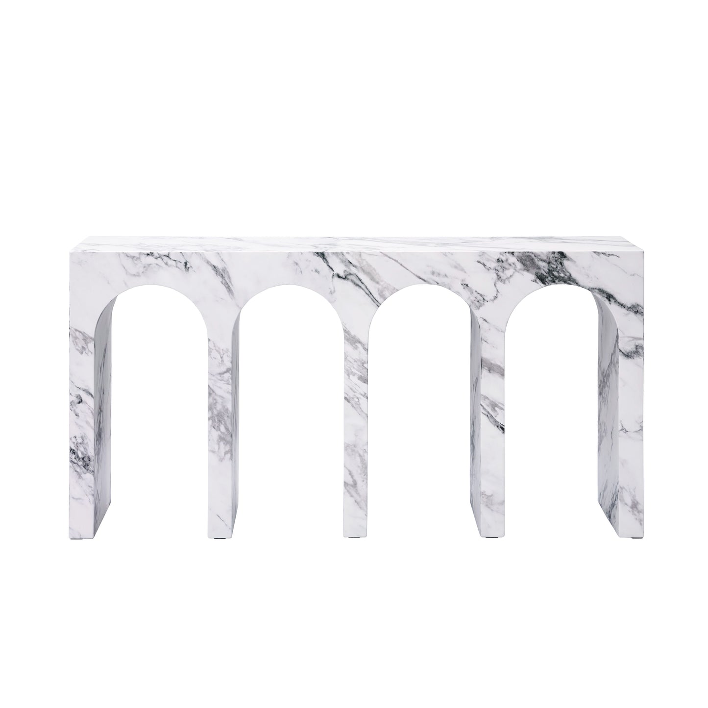 White marble console table with four arched legs and grey veining