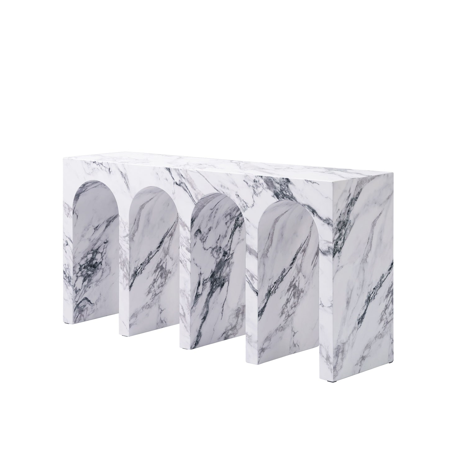 White marble console table with arched openings and a modern design