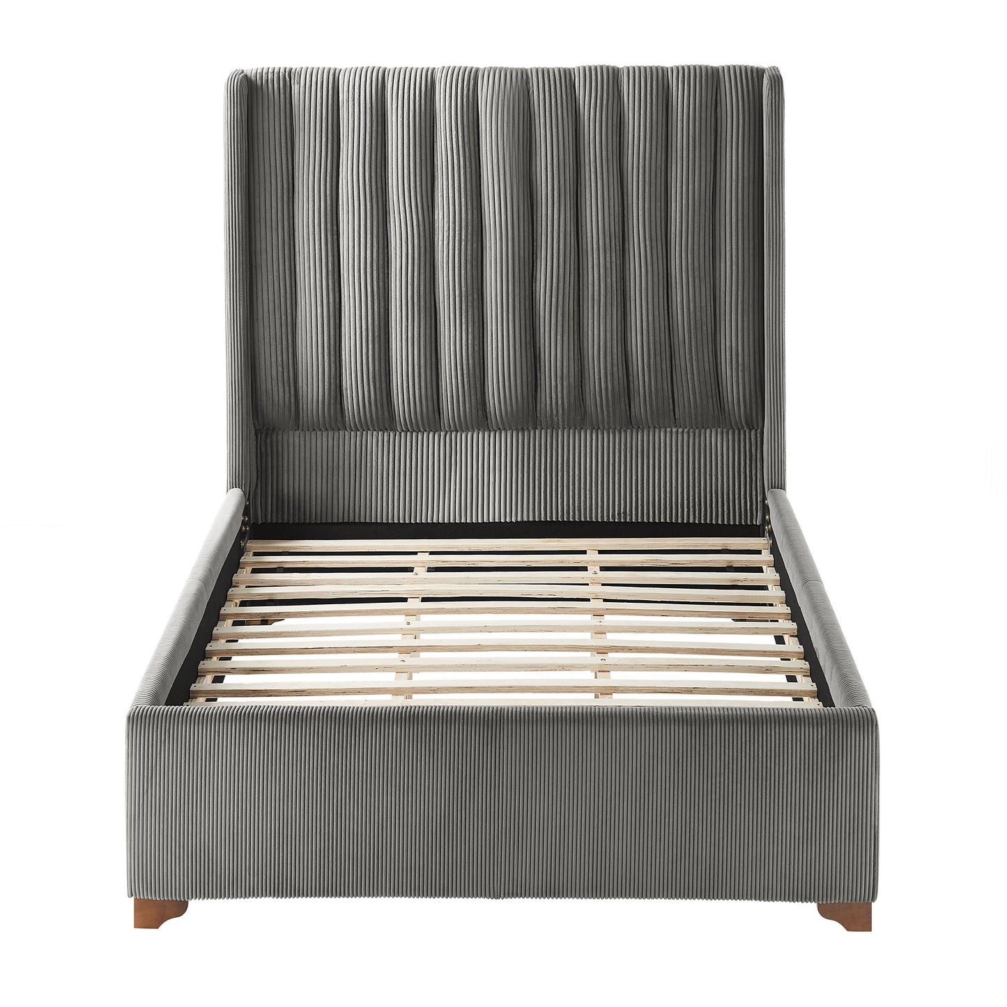Grey upholstered bed frame with vertical channel tufting and wooden slats