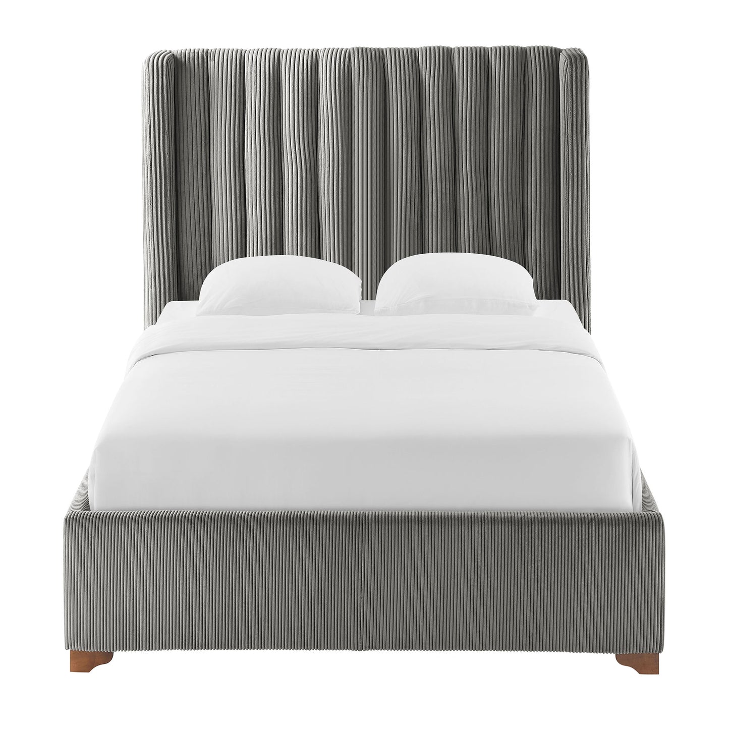 Modern grey corduroy platform bed with plush headboard and white linens