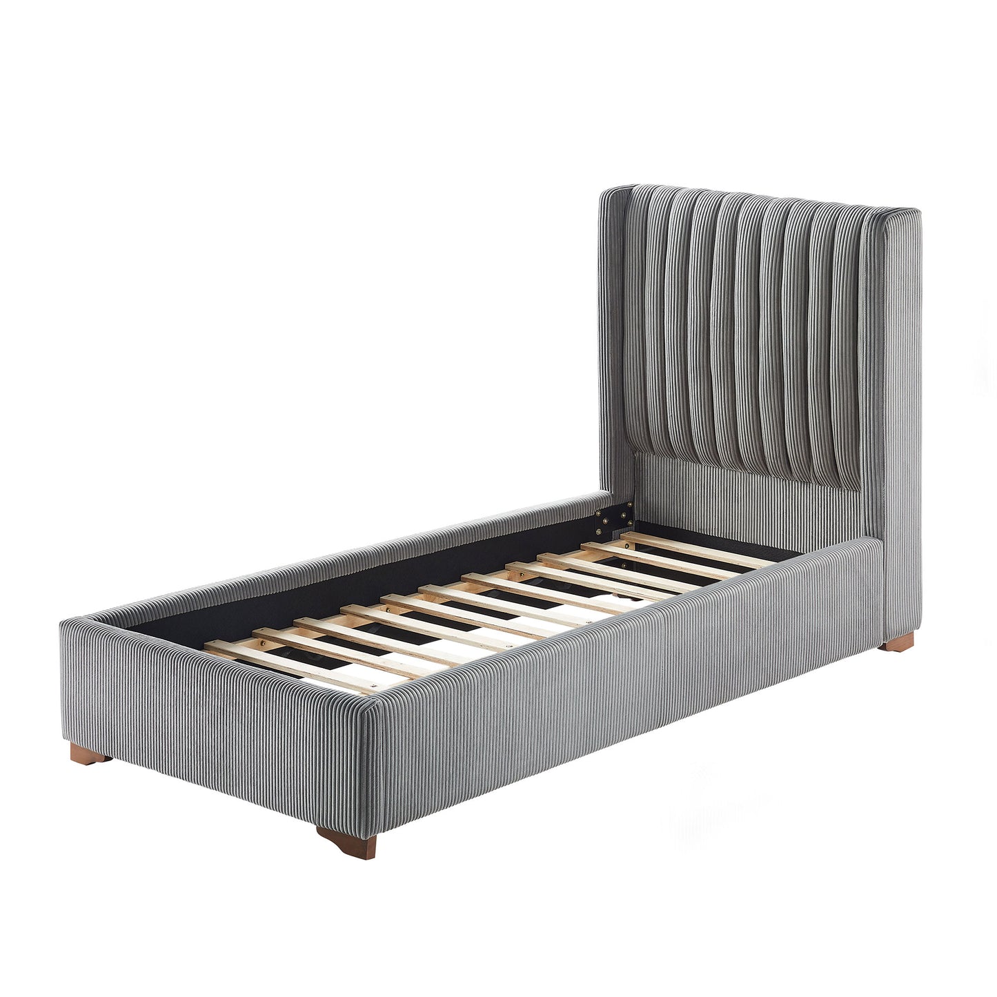 Textured grey upholstered twin bed frame with wood slats and tall headboard