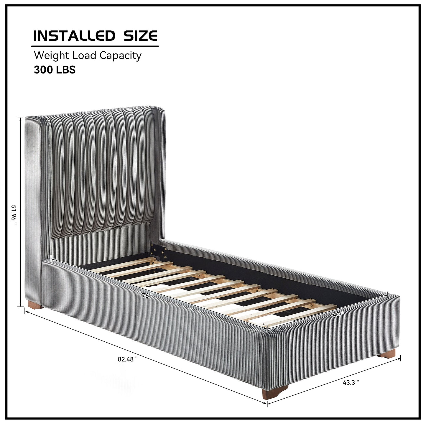 Gray corduroy upholstered twin bed frame with vertical channel tufting on headboard and sides