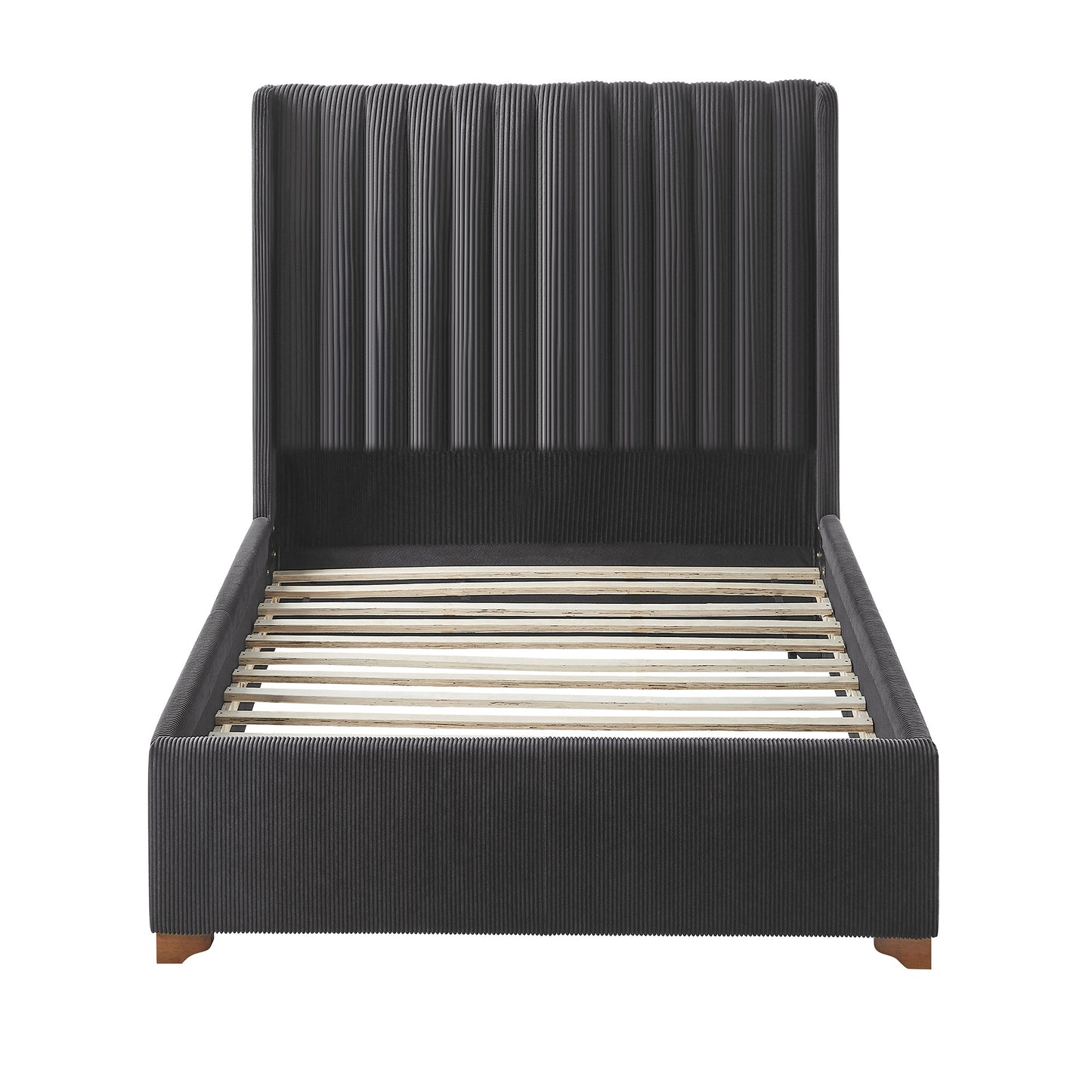 Dark grey upholstered platform bed frame with ribbed headboard and wooden slats