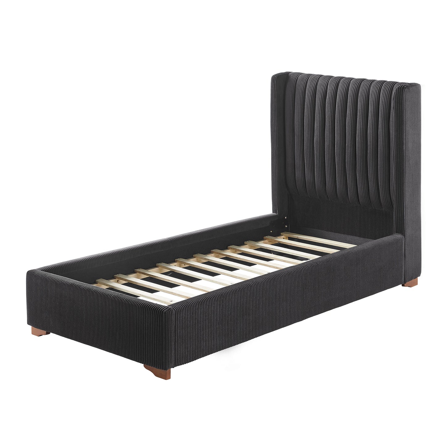 Dark grey upholstered single bed frame with vertical channel tufting wooden slats and low profile legs