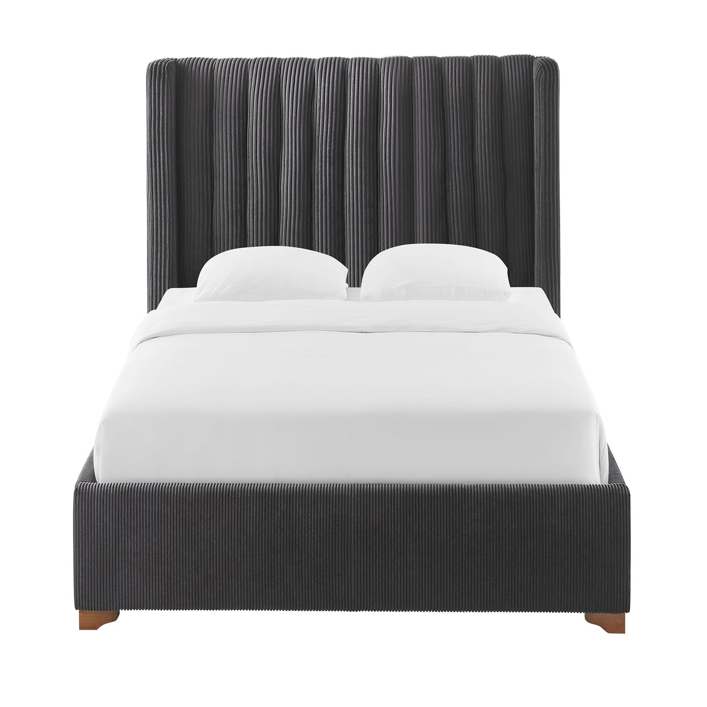 Dark gray upholstered platform bed with vertical channel tufting and wooden feet