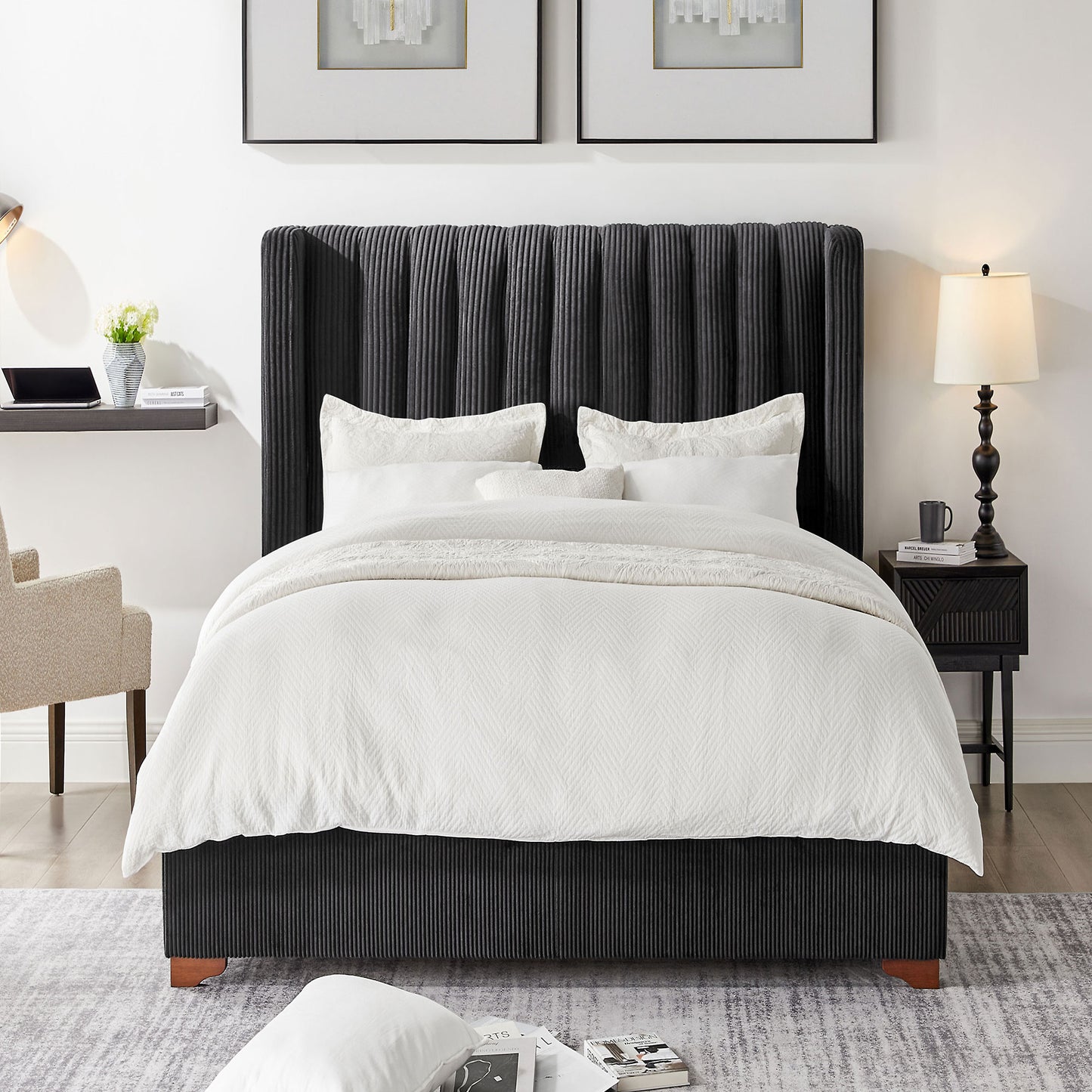 Dark gray upholstered bed with vertical tufting queen size modern style
