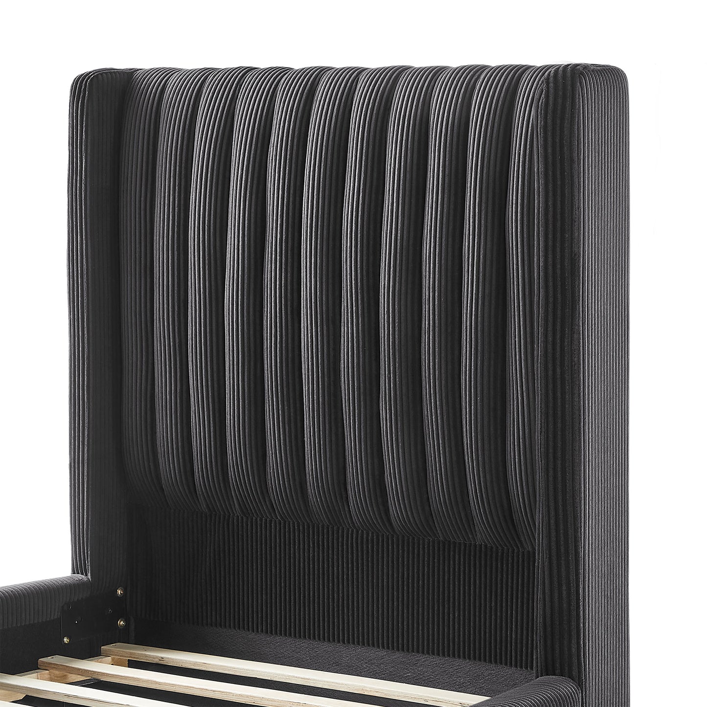 Dark grey corduroy upholstered king bed frame with vertical channel tufting on the headboard