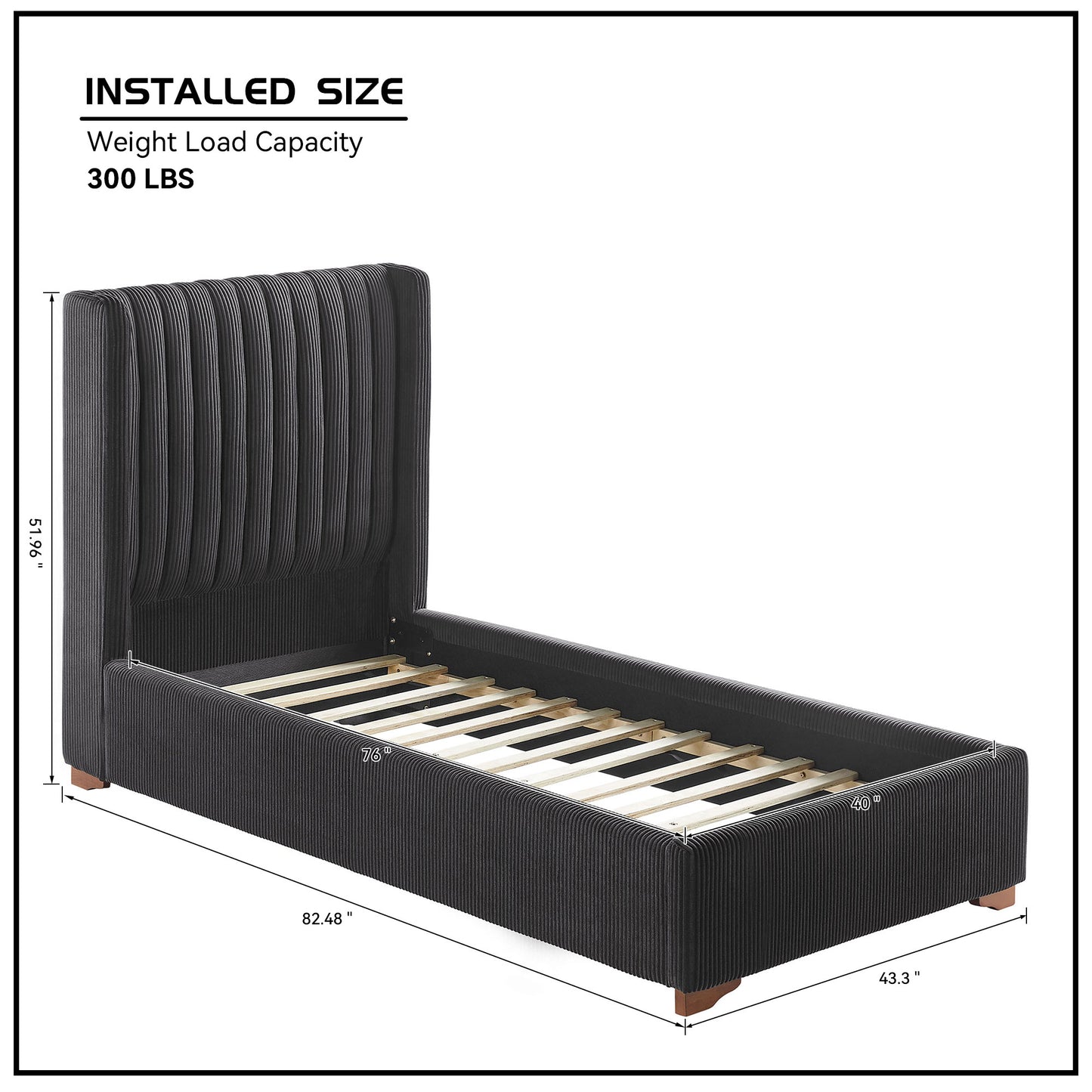 Dark grey corduroy twin bed frame with fluted headboard and wooden slats