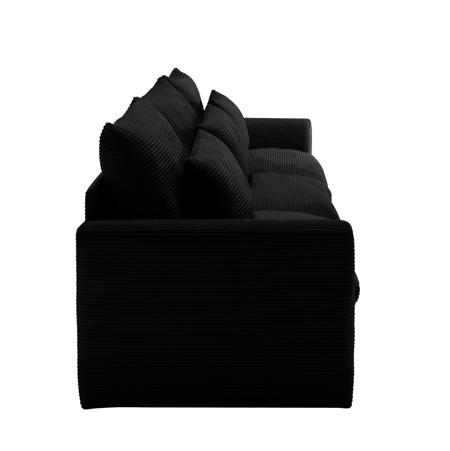 Black corduroy sofa with plush cushions for modern living room comfort