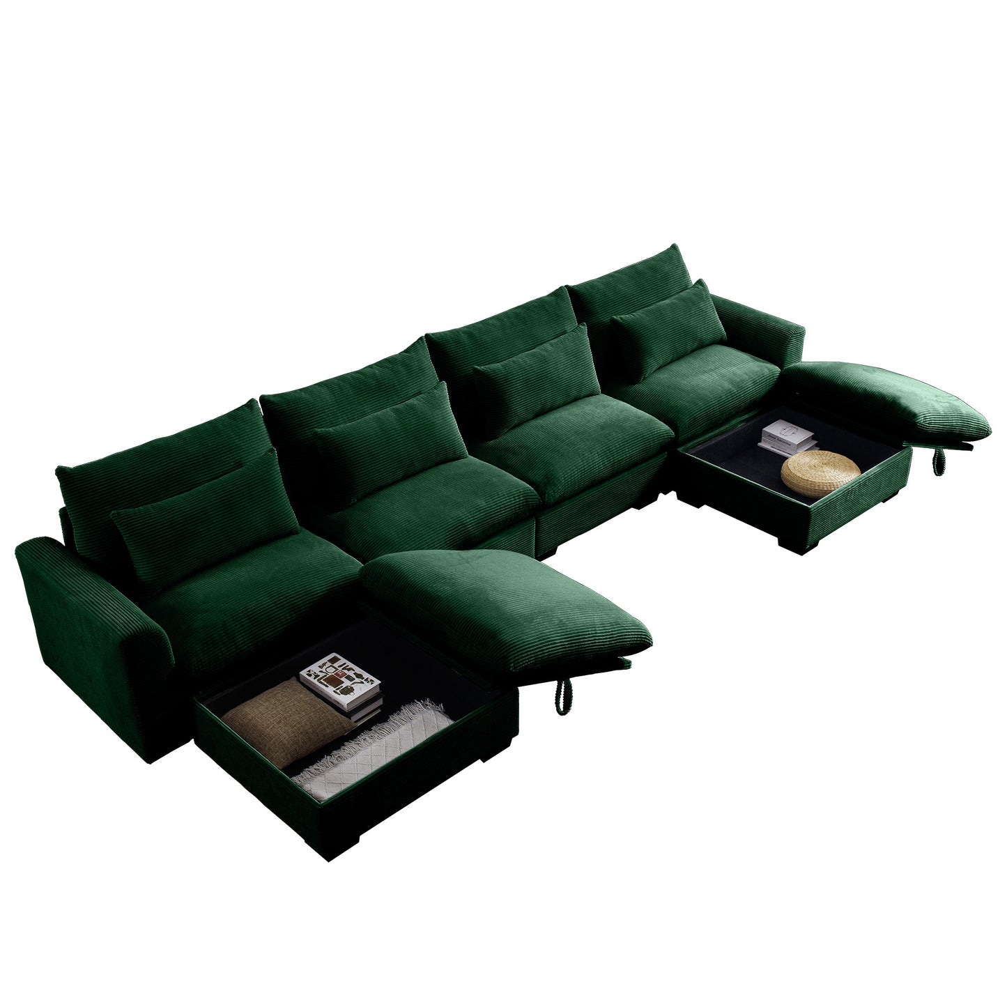 Deep green velvet sectional sofa with hidden storage compartments and plush cushions