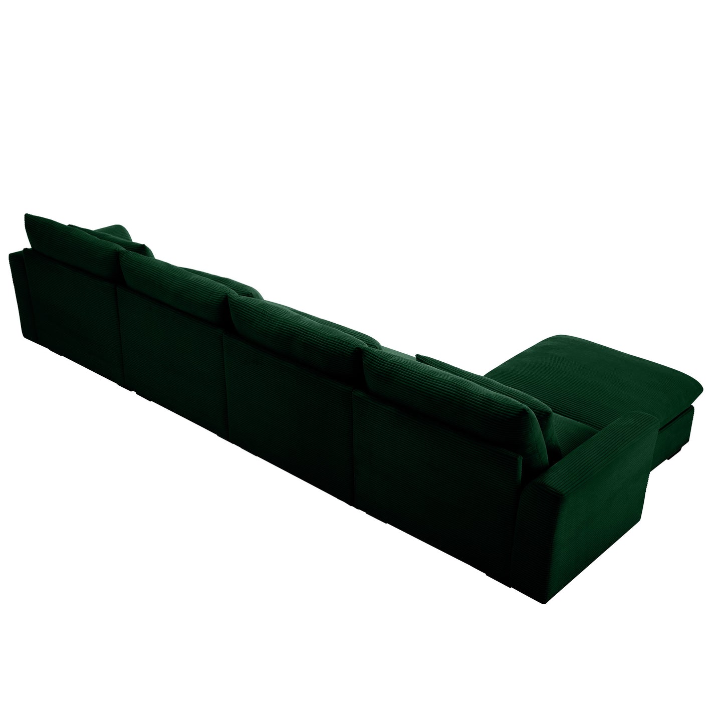Emerald green corduroy sectional sofa with deep cushions and chaise lounge