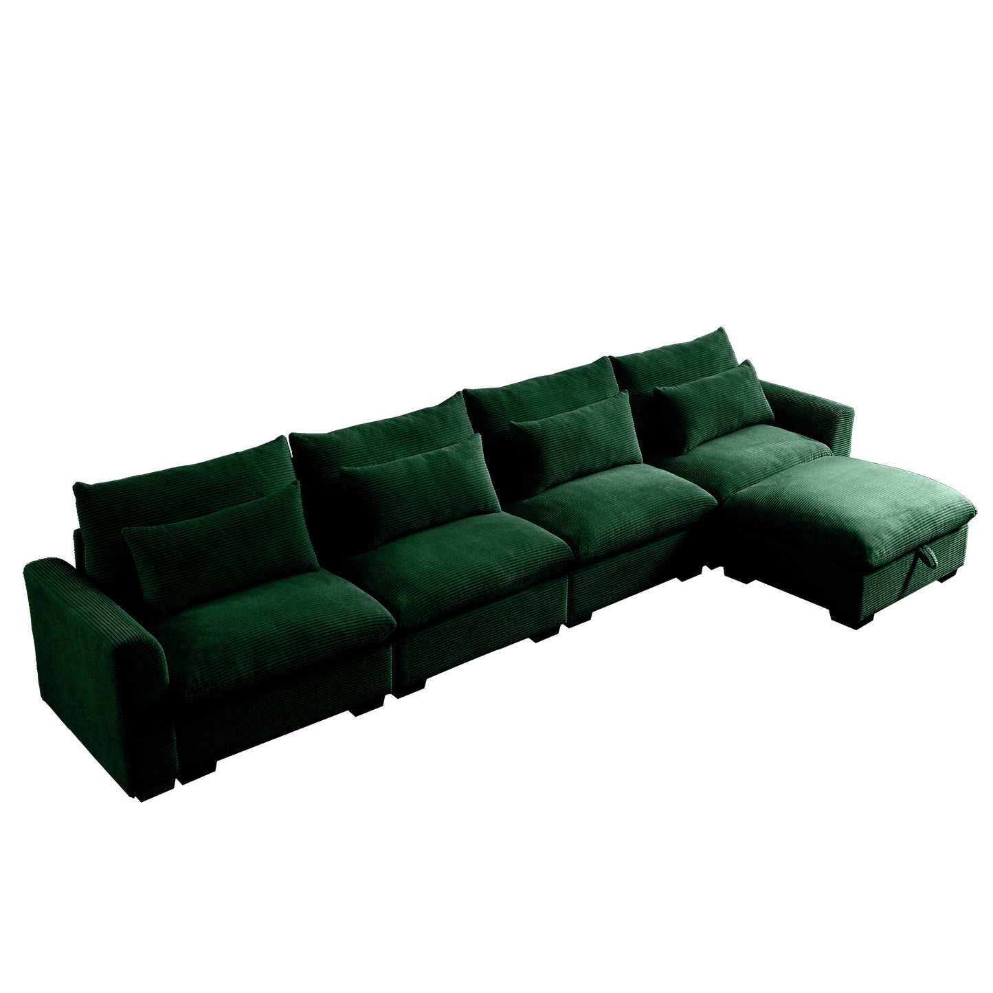 Deep green corduroy sectional sofa with plush cushions and an ottoman modern living room furniture