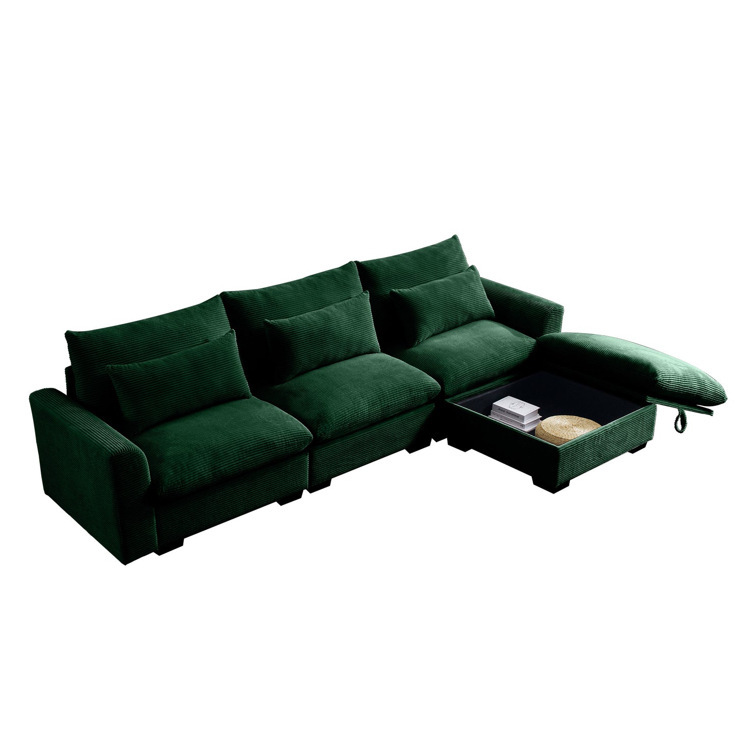 Deep green corduroy sectional sofa with hidden storage and plush cushions for modern living rooms