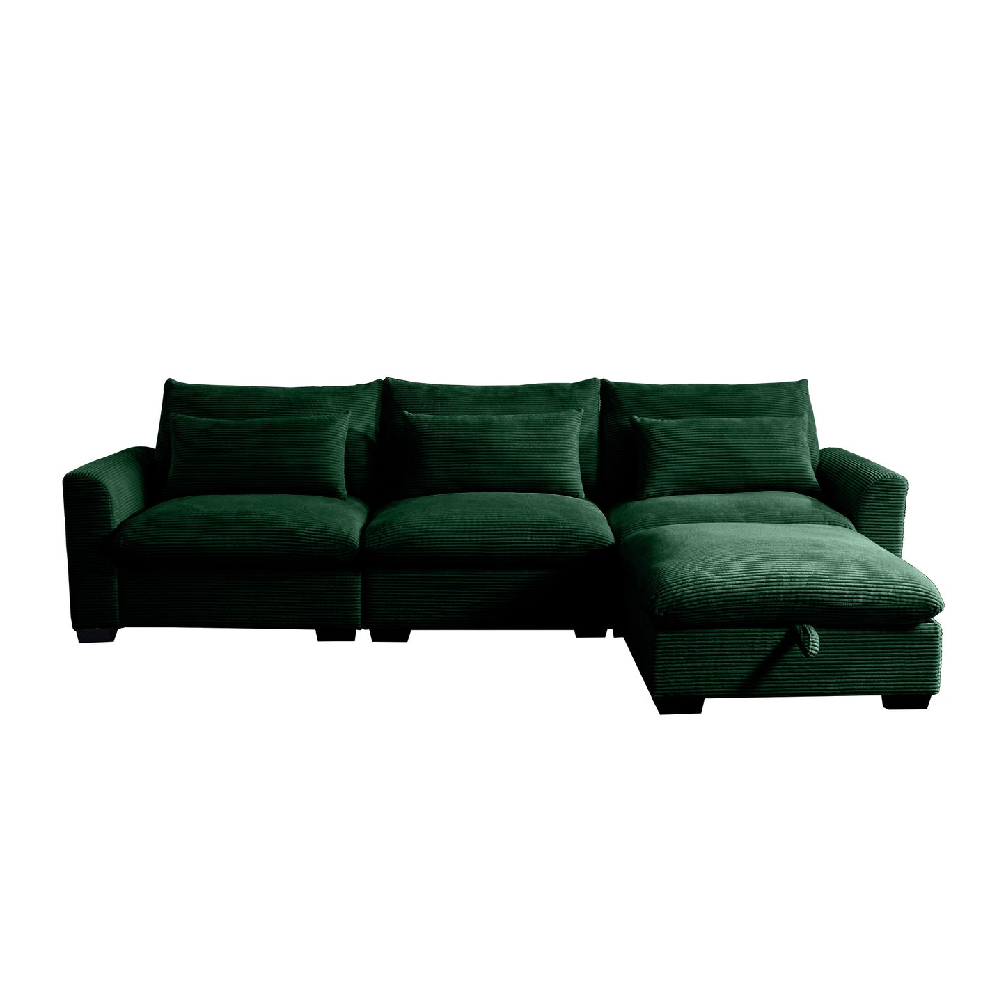 Deep green corduroy sectional sofa with plush cushions and chaise lounge