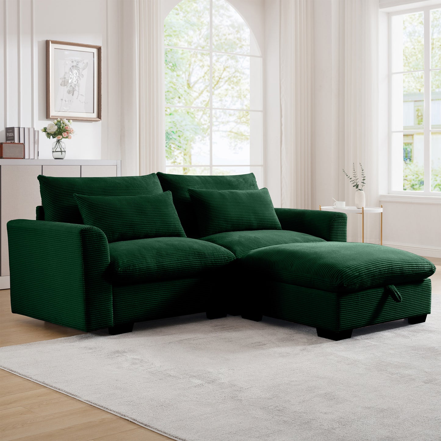 Deep green corduroy sectional sofa with ample seating and storage ottoman