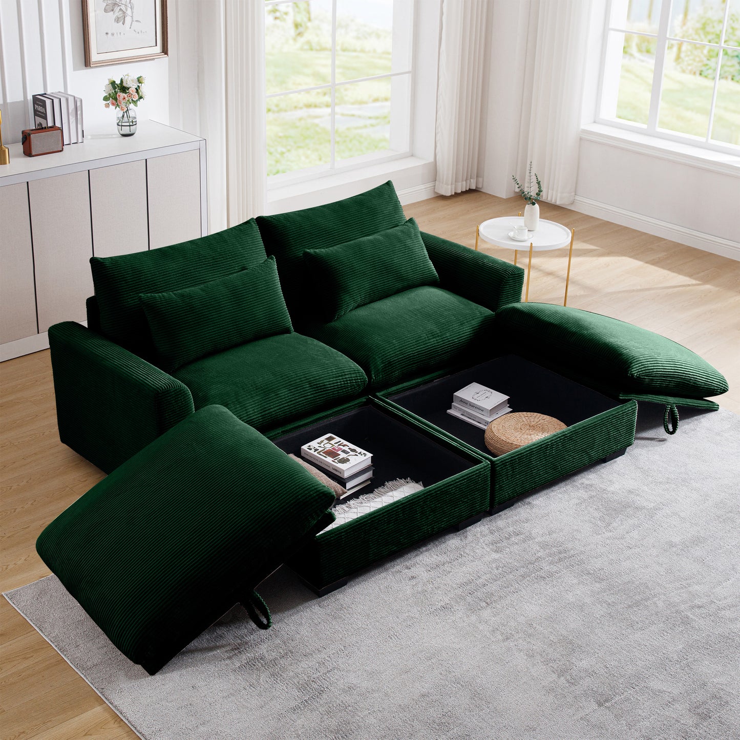Deep green corduroy sectional sofa with hidden storage compartments and plush cushions