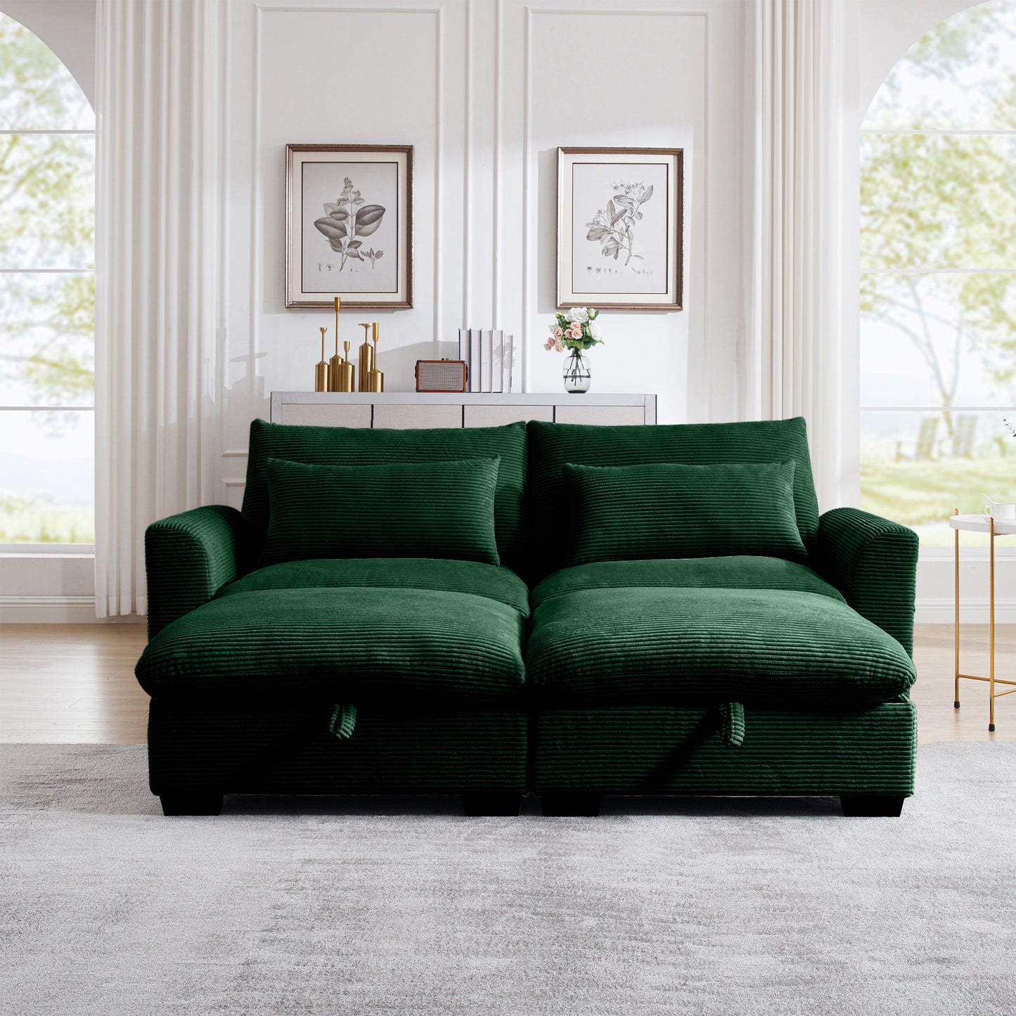 Deep green corduroy sectional sofa with plush cushions and modern design