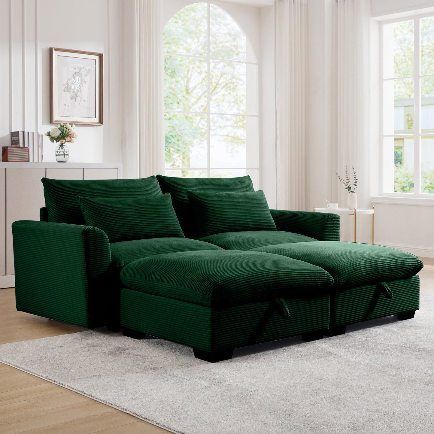 Emerald green corduroy sectional sofa with plush cushions and hidden storage compartments