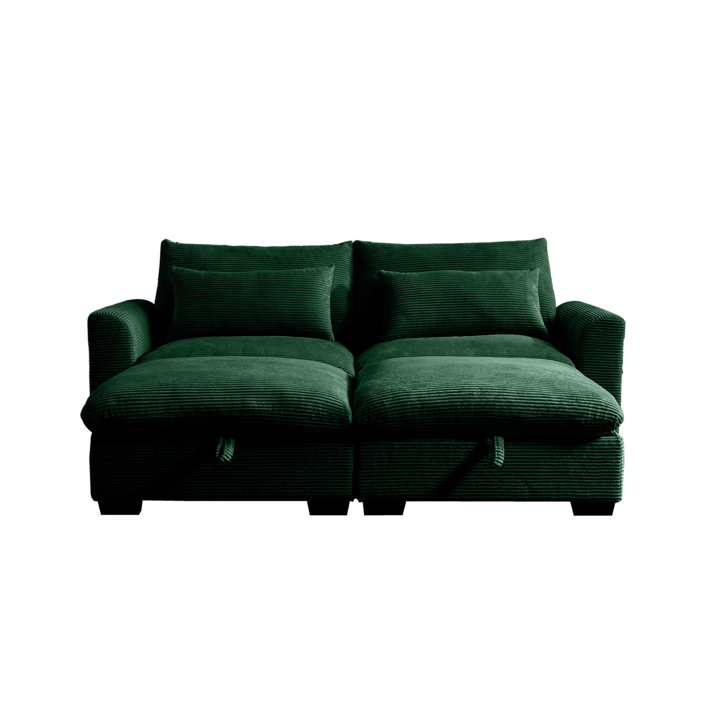 Deep green corduroy sectional sofa with tufted cushions and lumbar pillows