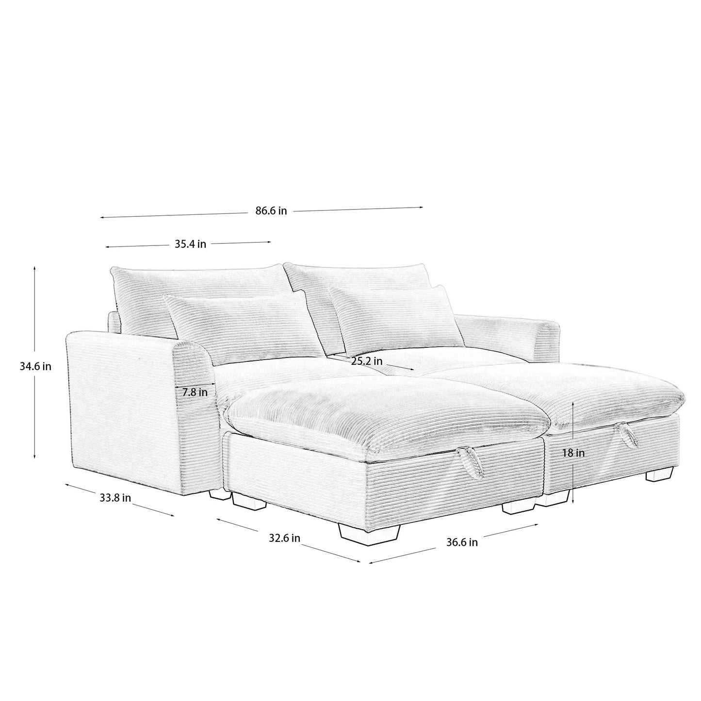 Corduroy sectional sofa with chaise plush pillows and hidden storage for modern living