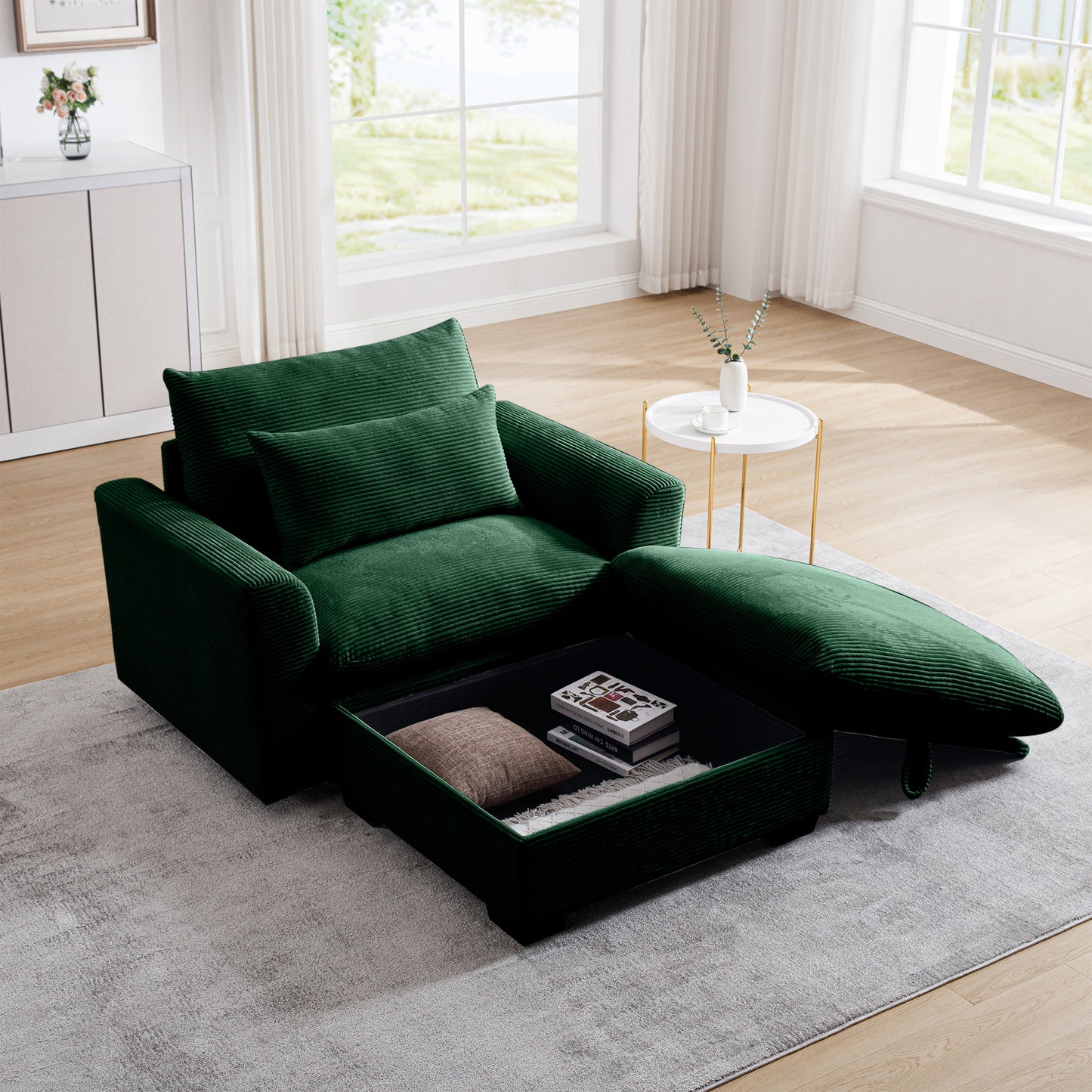 Emerald green corduroy armchair with hidden storage and ottoman