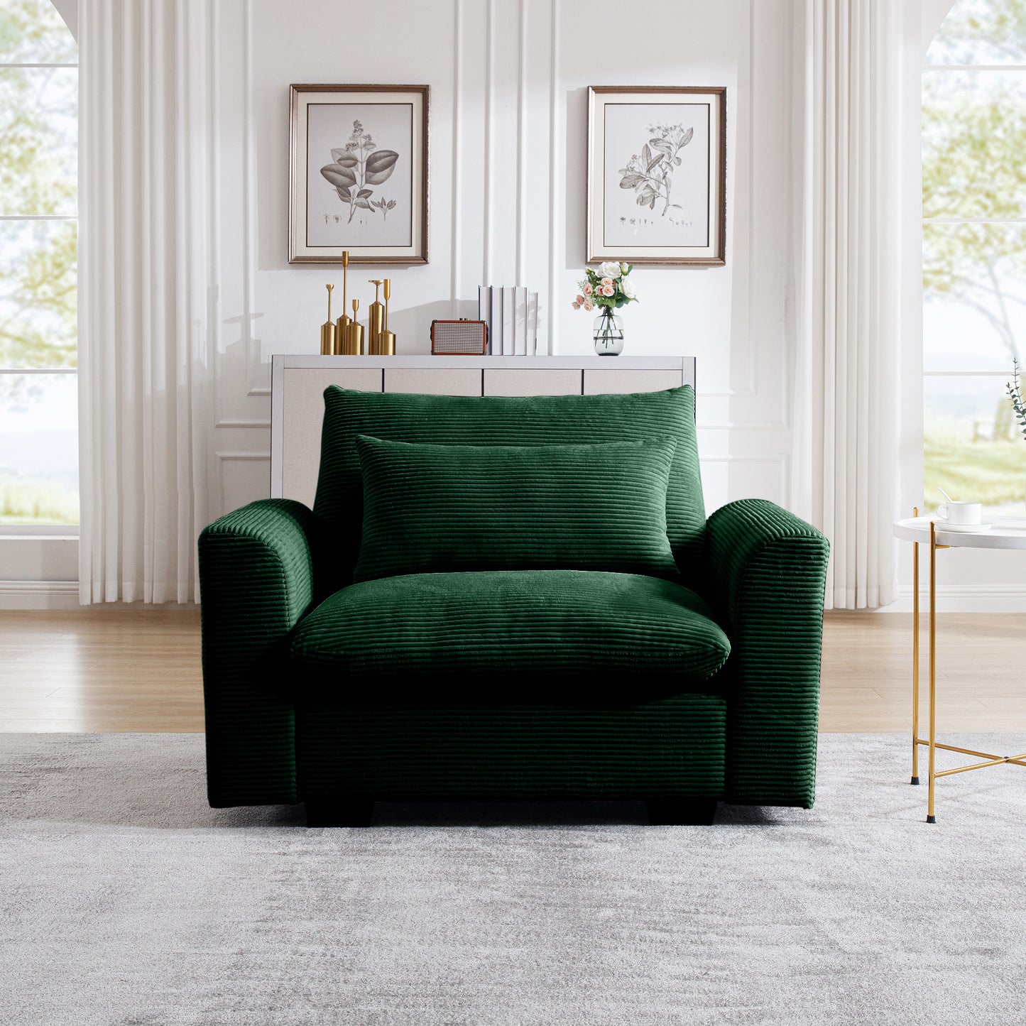 Deep green corduroy armchair with plush cushions perfect for a cozy living room