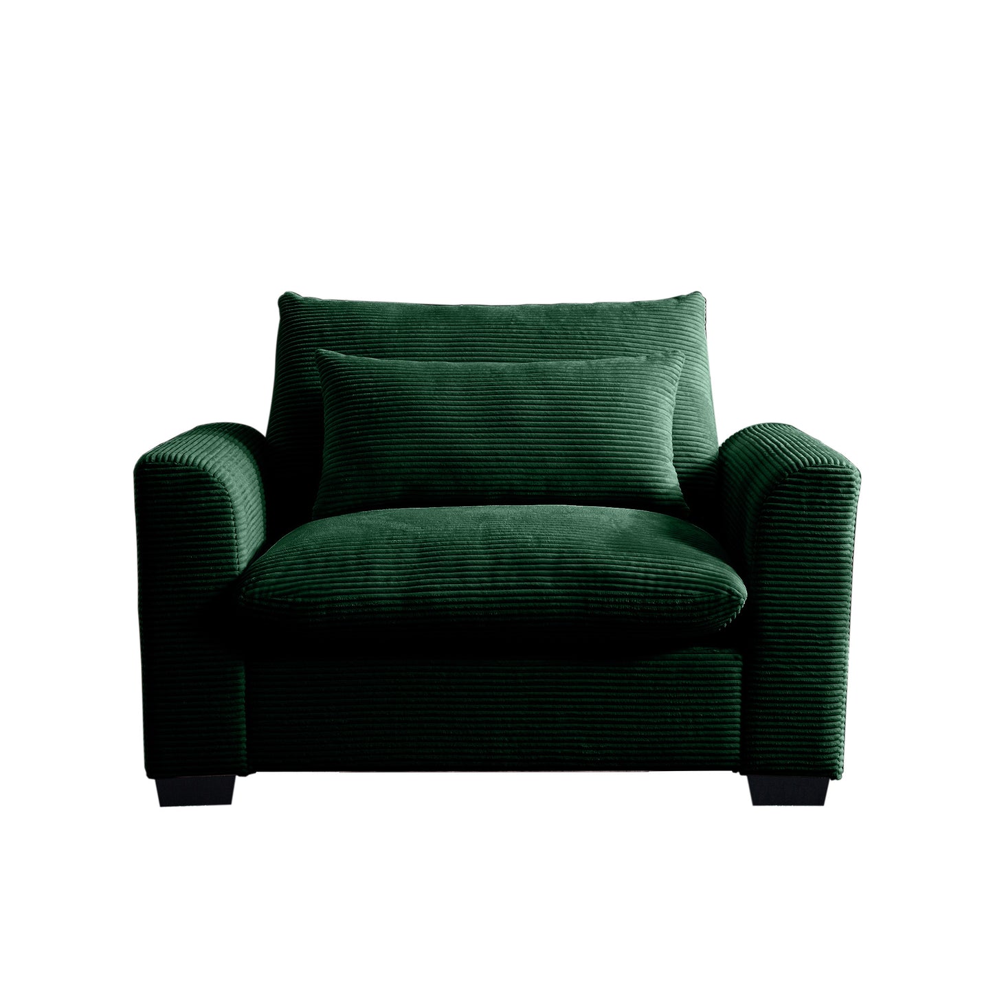 Plush green corduroy armchair with comfortable seat and back cushions perfect for living rooms