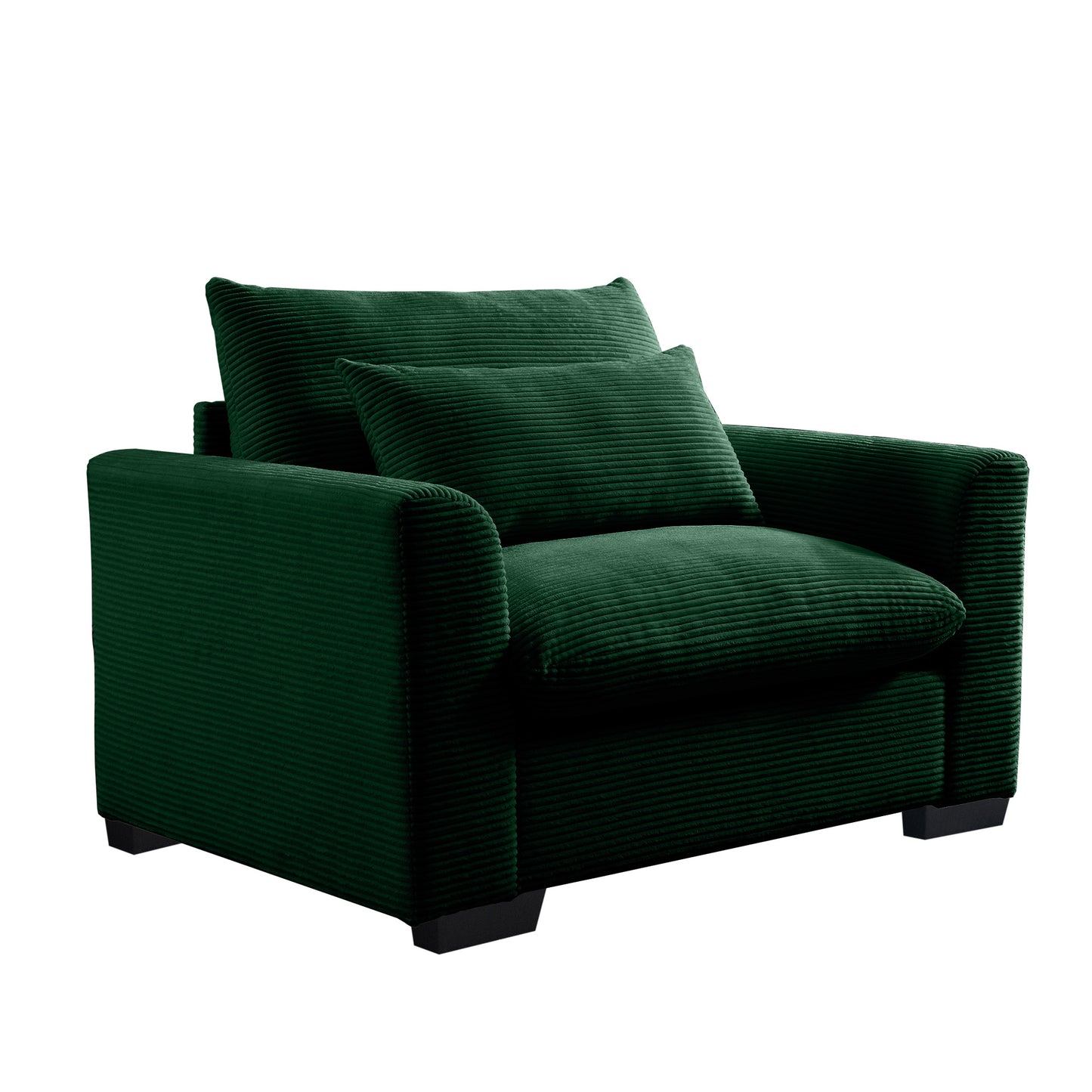 Plush green corduroy armchair with deep seating and two matching throw pillows