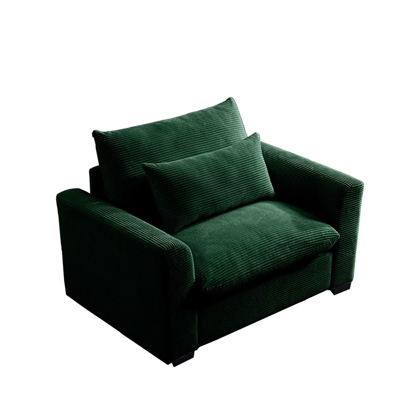 Deep green corduroy armchair with plush seat and back cushions perfect for a cozy reading nook