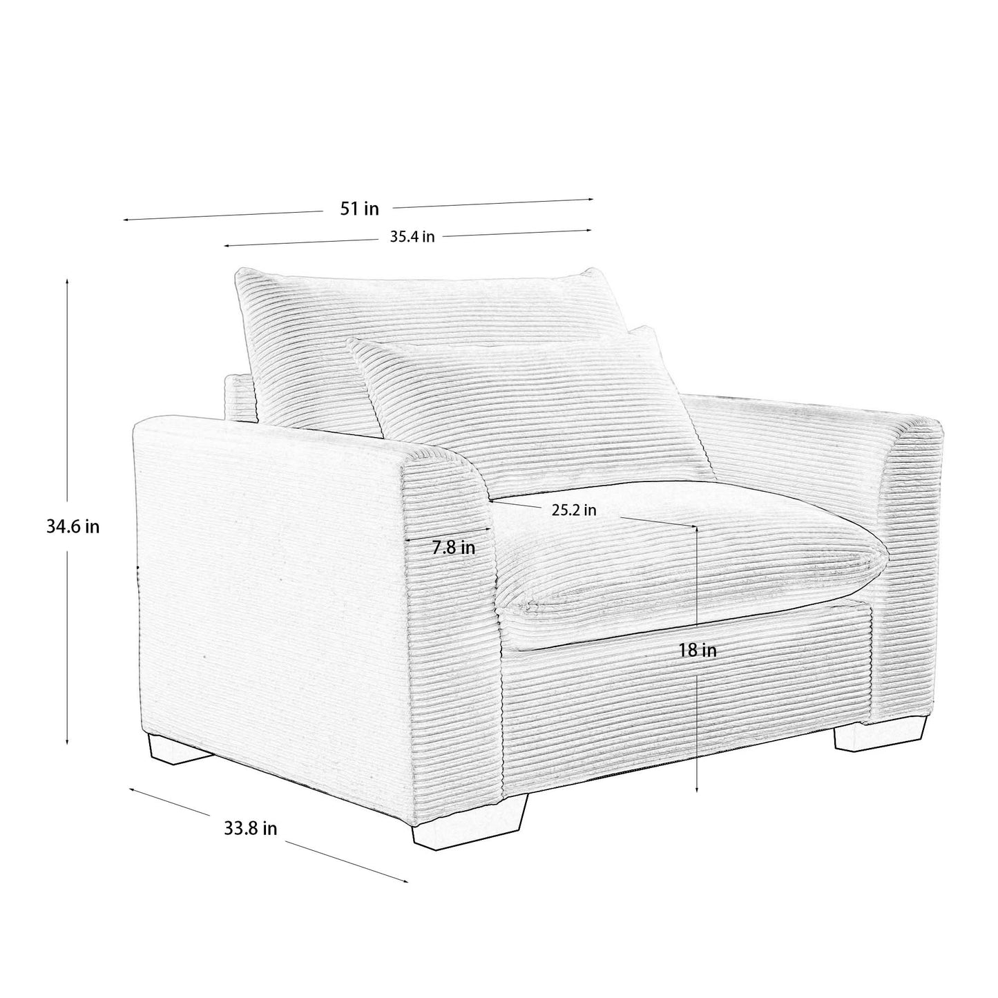 Sketch of a plush corduroy armless chair with large cushions and side dimensions