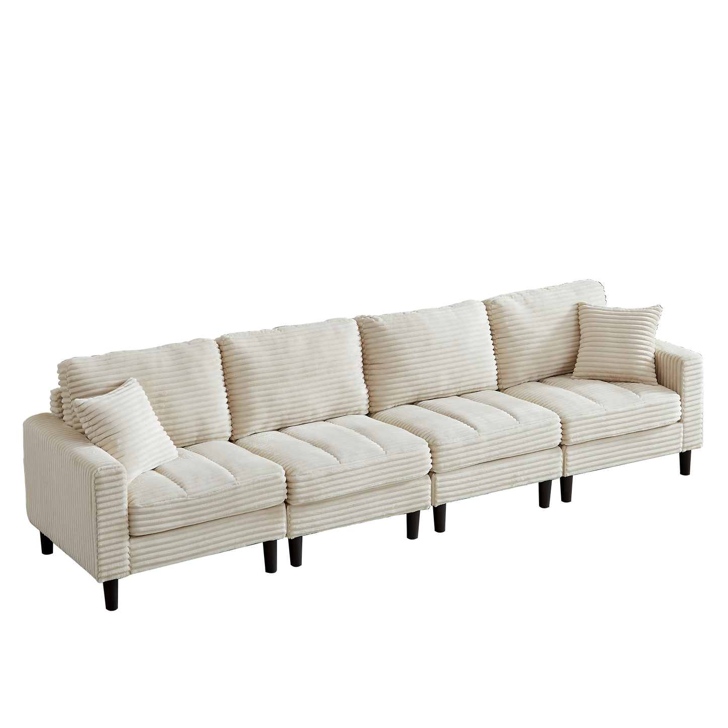 Cream corduroy sectional sofa with plush cushions and modern black legs