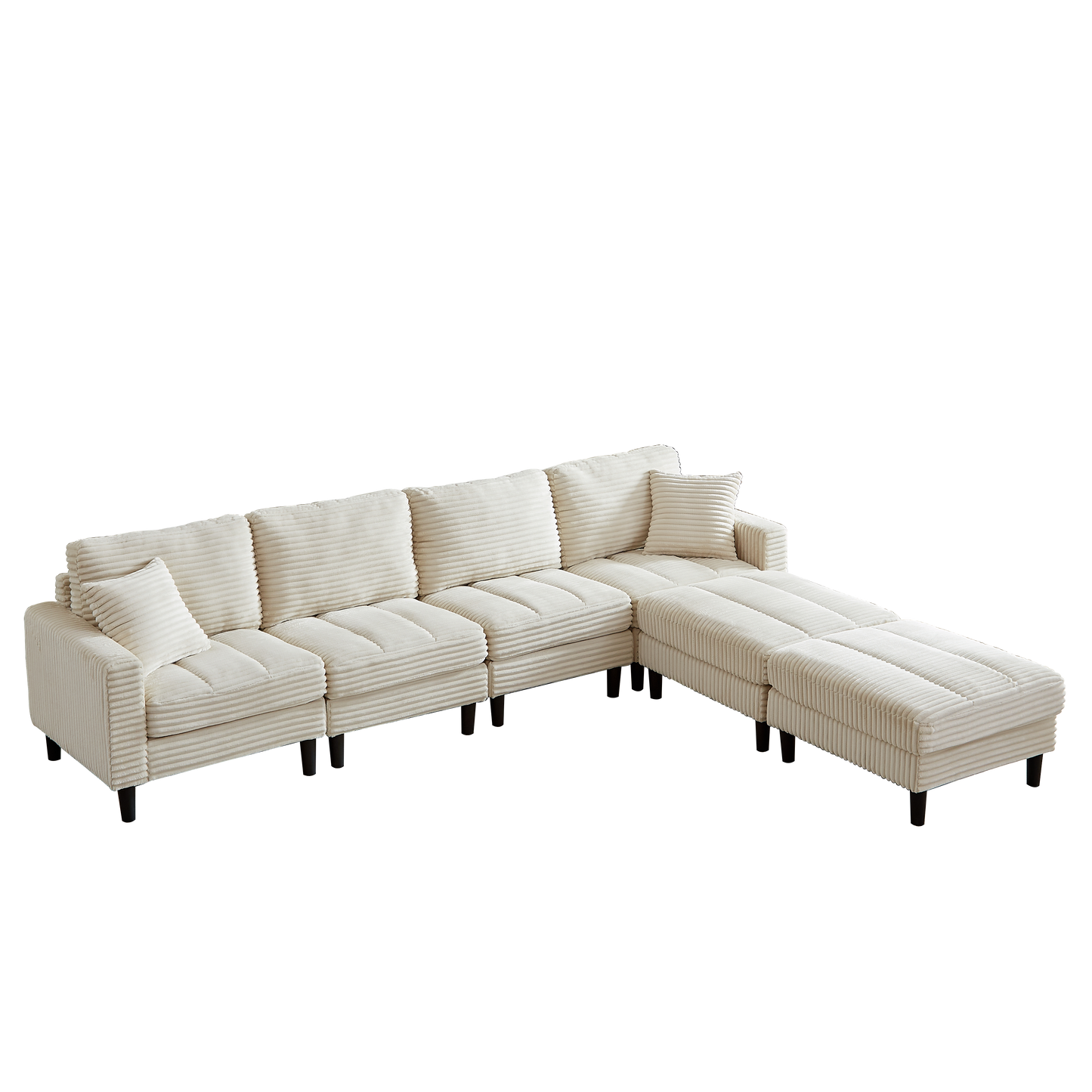Comfortable beige corduroy sectional sofa with chaise and ottoman perfect for living rooms