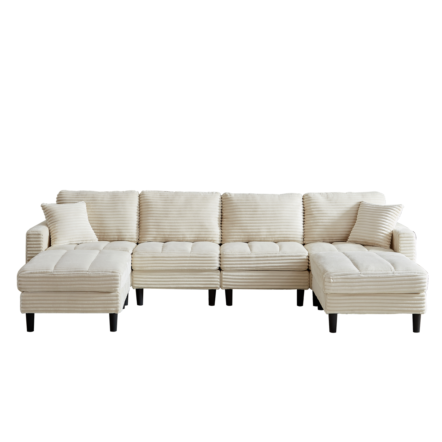 Ushaped cream corduroy sectional sofa with tufted cushions and black legs perfect for a living room