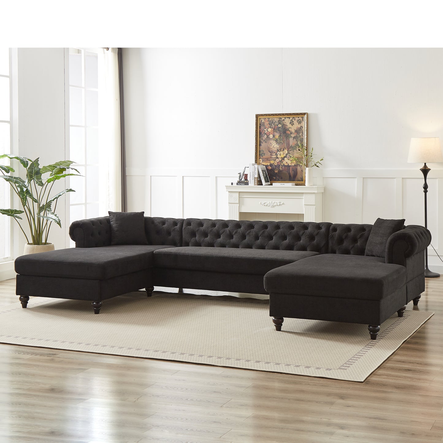 Dark charcoal velvet tufted sectional sofa with chaise lounge and ottoman