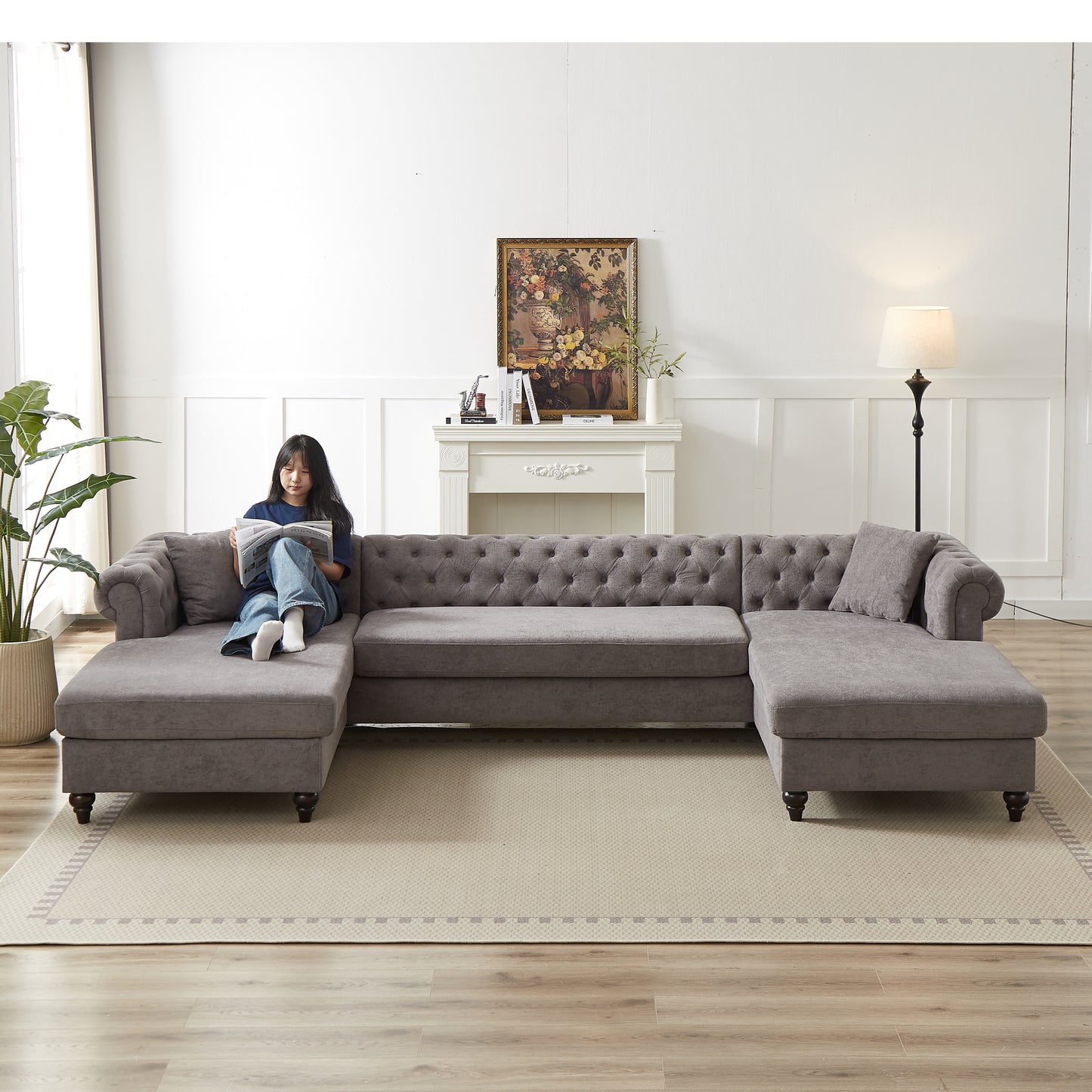 Tufted charcoal grey sectional sofa with chaise lounge perfect for modern living rooms