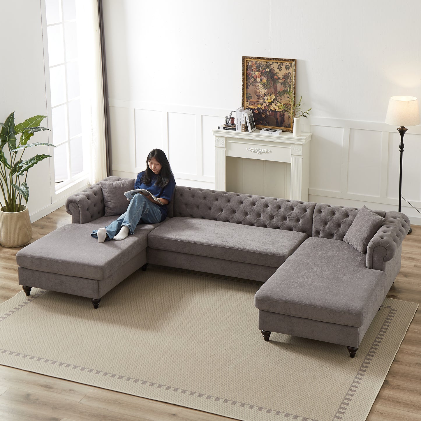 Tufted grey fabric sectional sofa with chaise ideal for spacious living rooms