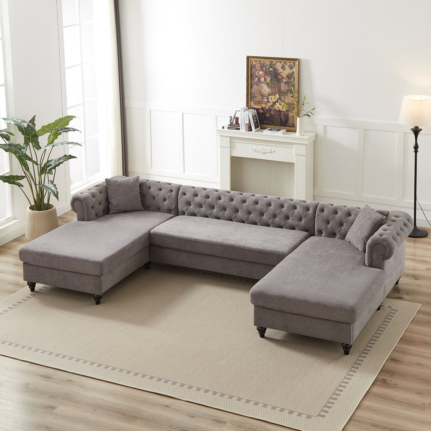 Plush grey velvet Ushaped sectional sofa with tufted details perfect for modern living rooms