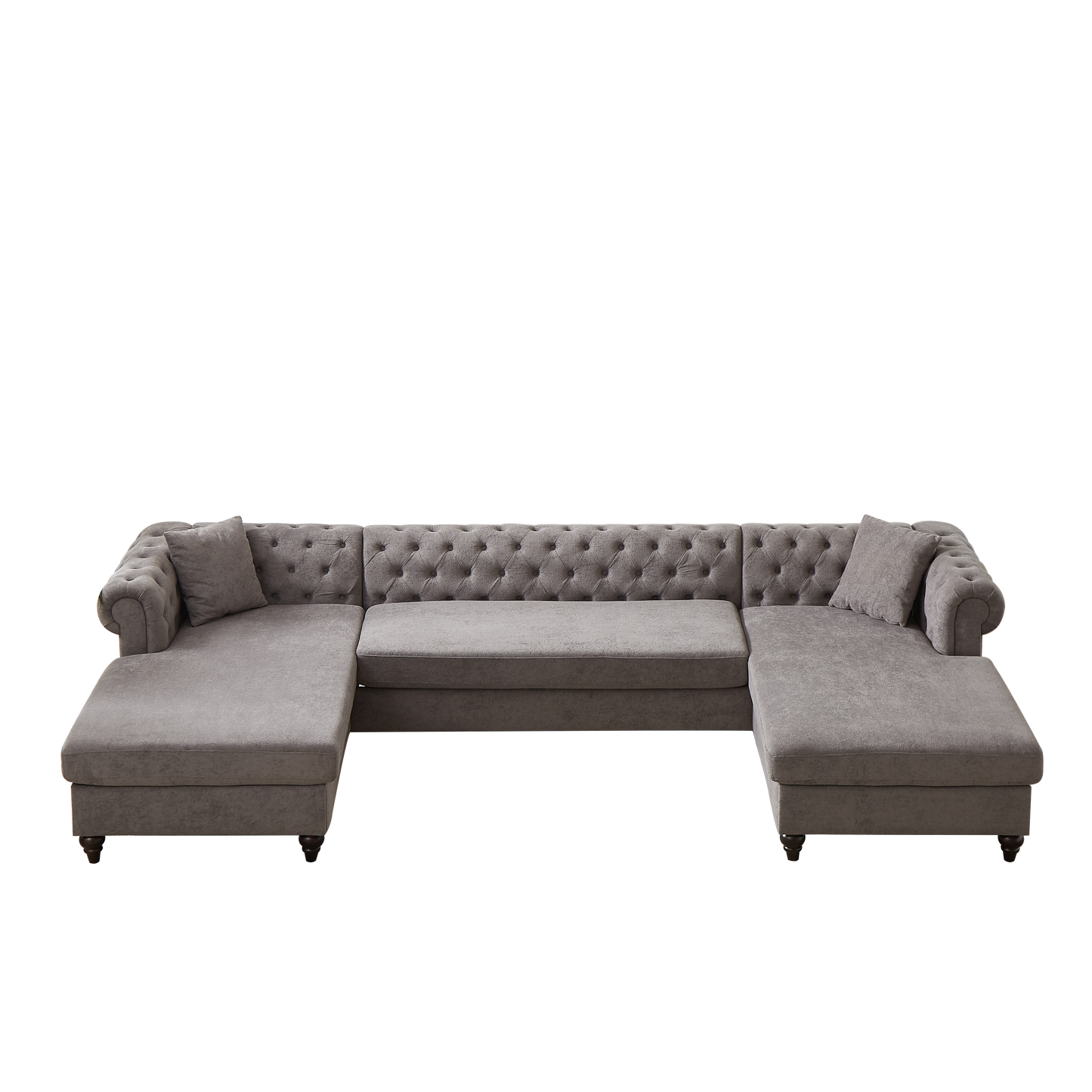 Plush gray tufted sectional sofa with chaise lounges and classic wooden legs