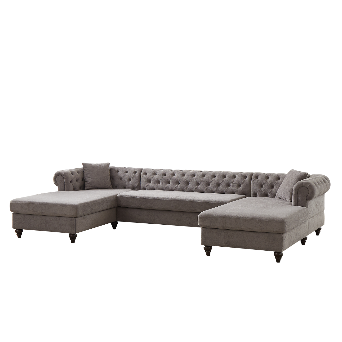Grey tufted chaise sectional sofa with rolled arms and dark wooden legs