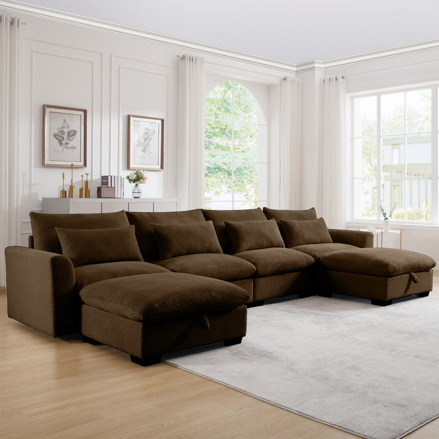 Spacious brown corduroy sectional sofa with storage ottomans and plush cushions