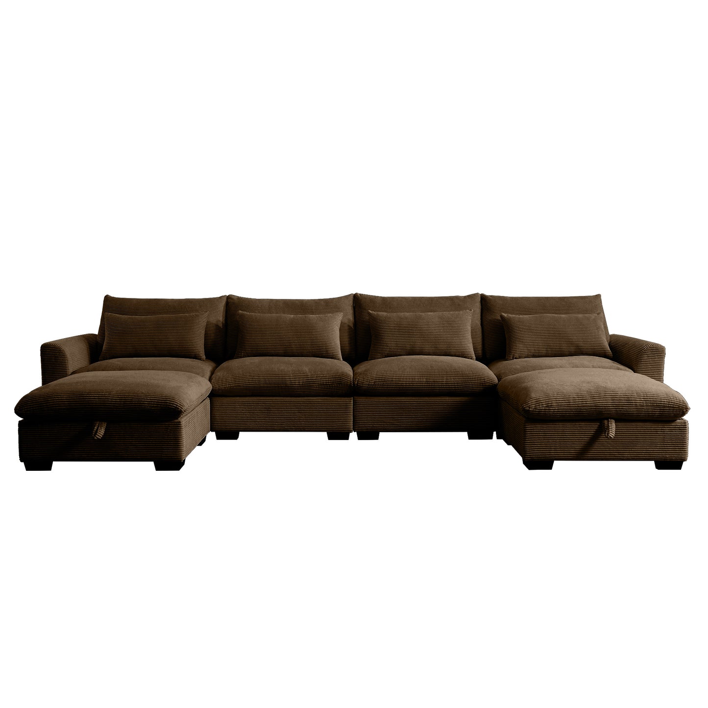 Plush brown corduroy sectional sofa with chaise lounges and accent pillows