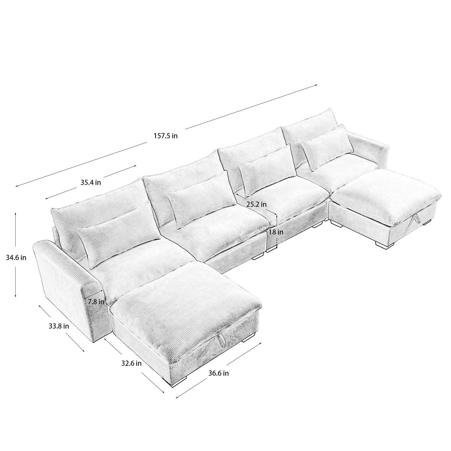 Diagram of a sectional sofa with chaise featuring corduroy texture and storage ottoman