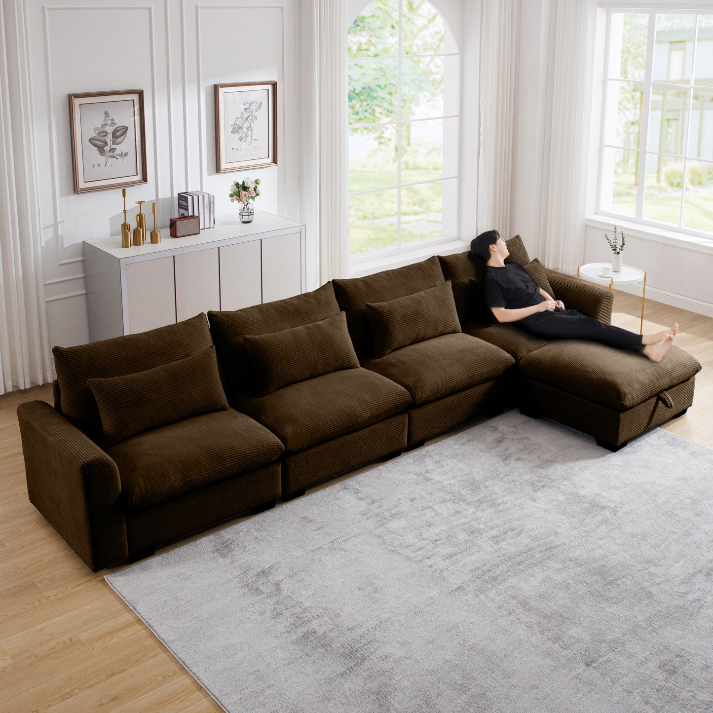Plush corduroy sectional sofa in deep brown perfect for a cozy living room
