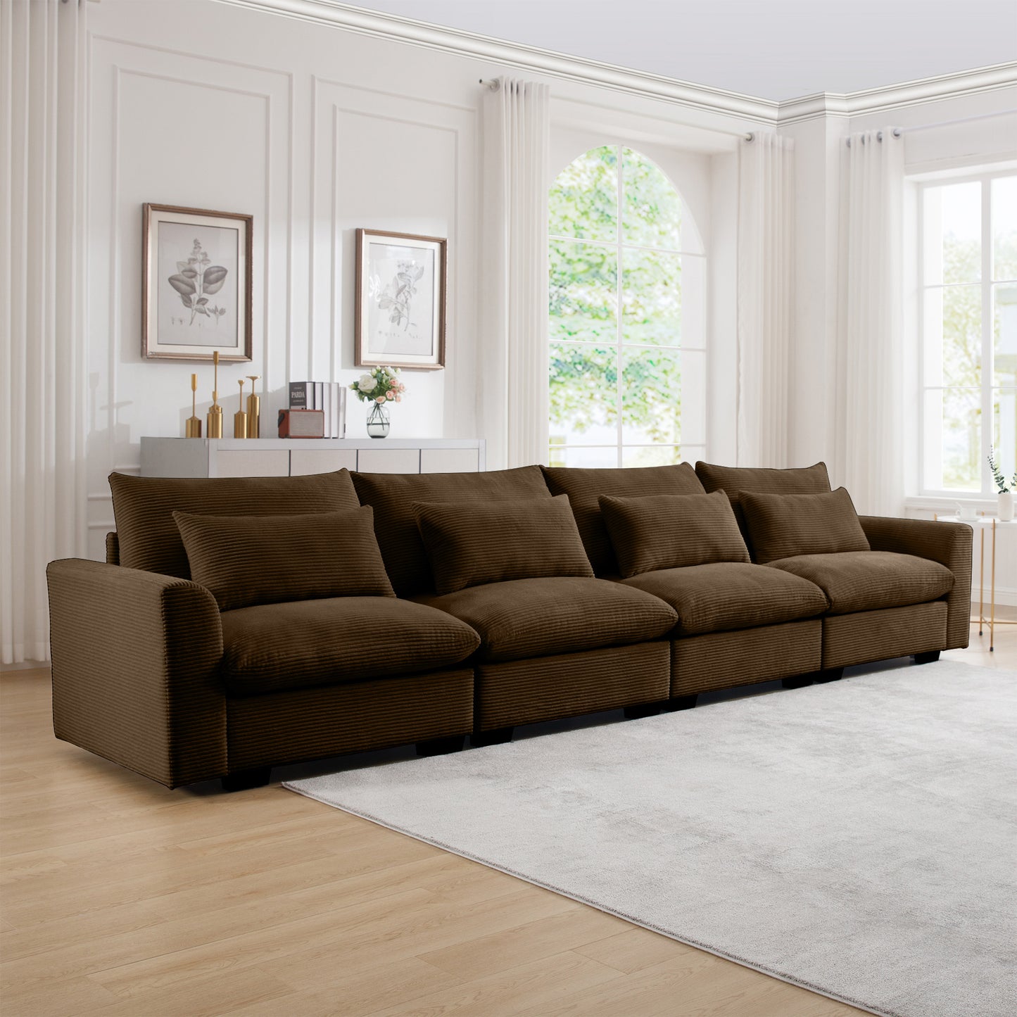 Brown corduroy modular sectional sofa with plush cushions perfect for living rooms