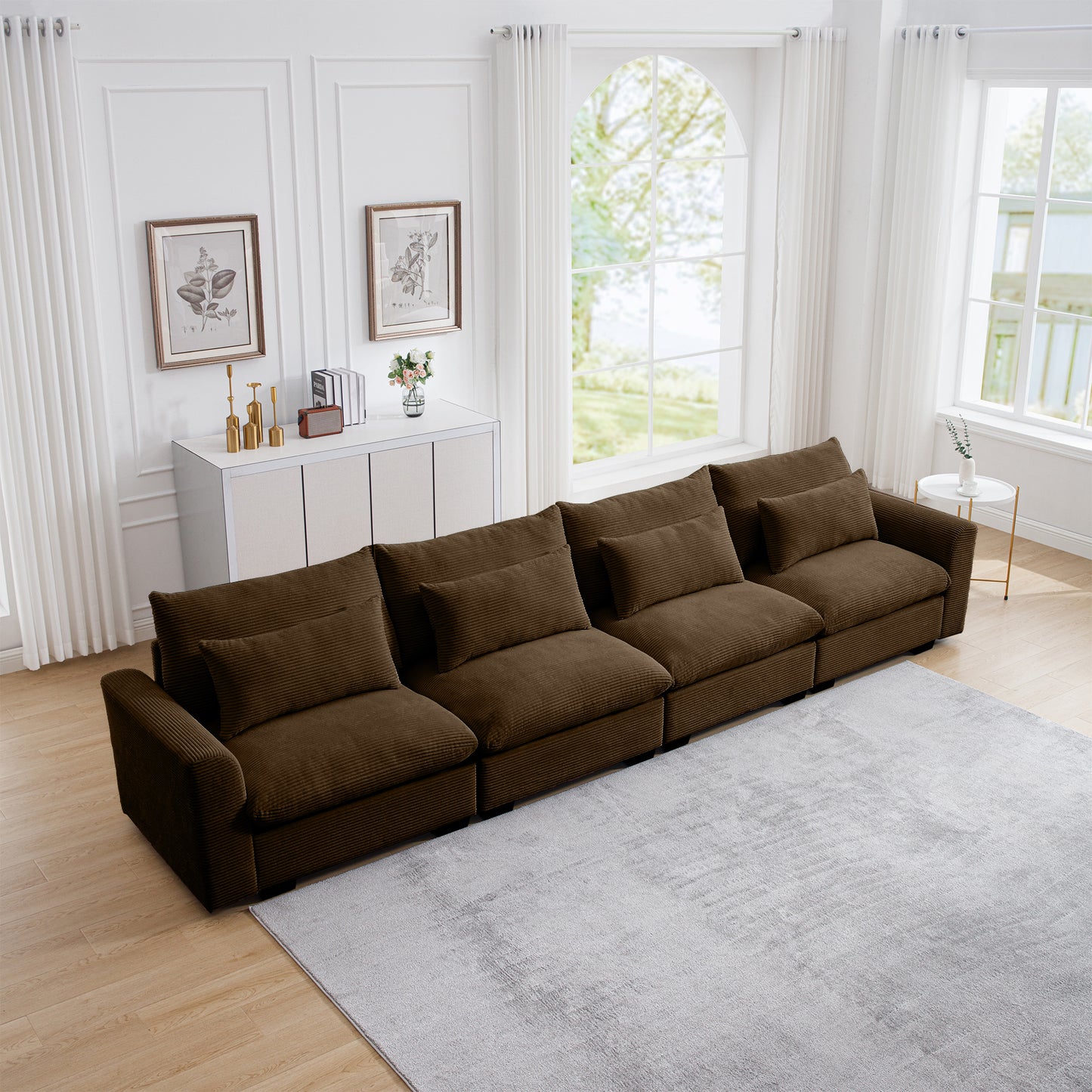 Brown corduroy sectional sofa with deep seats and plush throw pillows perfect for modern living rooms