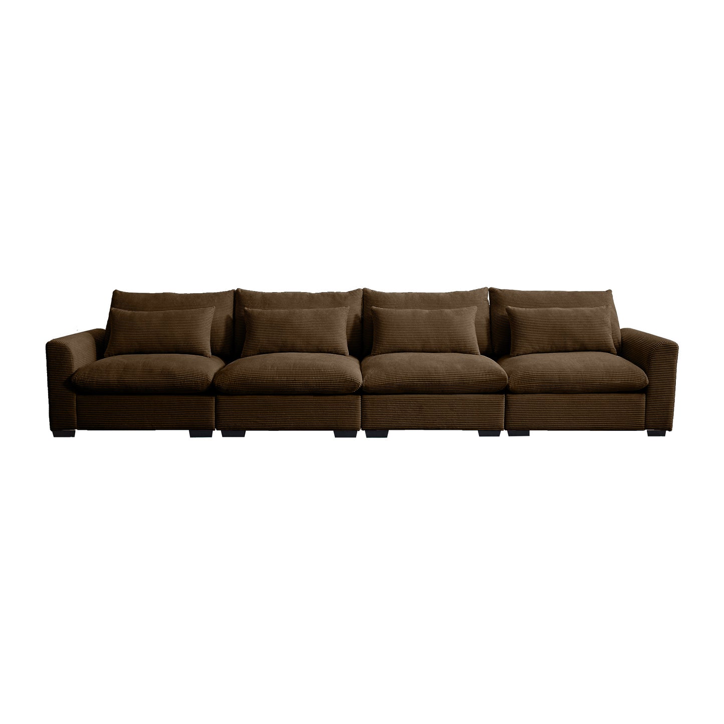 Plush brown corduroy sectional sofa with four seat cushions and throw pillows