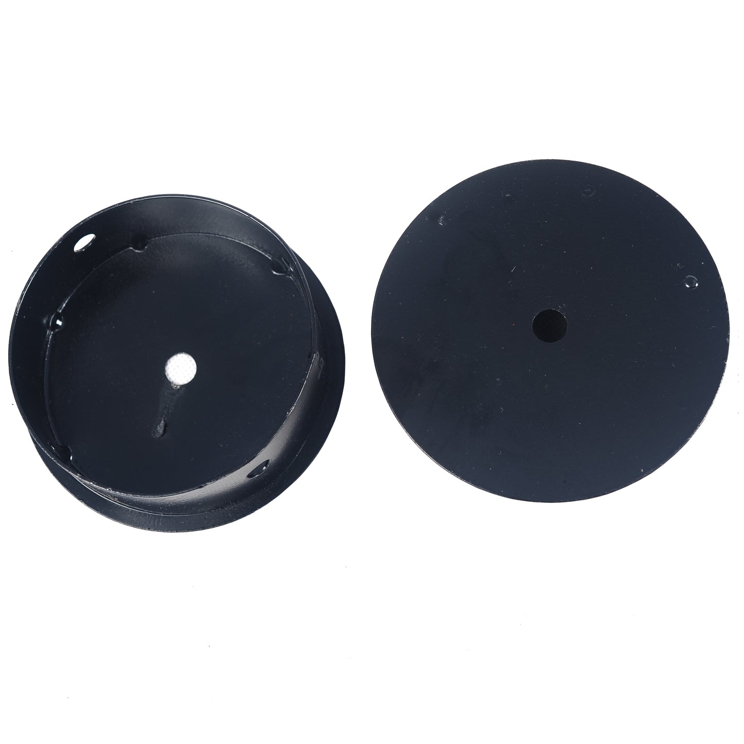 Black metal pipe flange circular base with screw holes for mounting